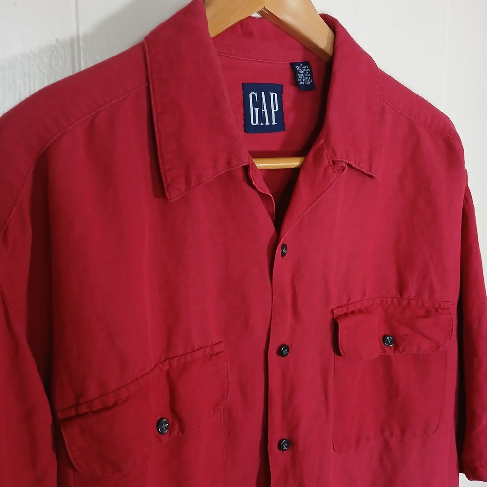 Vintage GAP Loop Collar Linen Rayon Blend Button Shirt Mens M Red Pocket